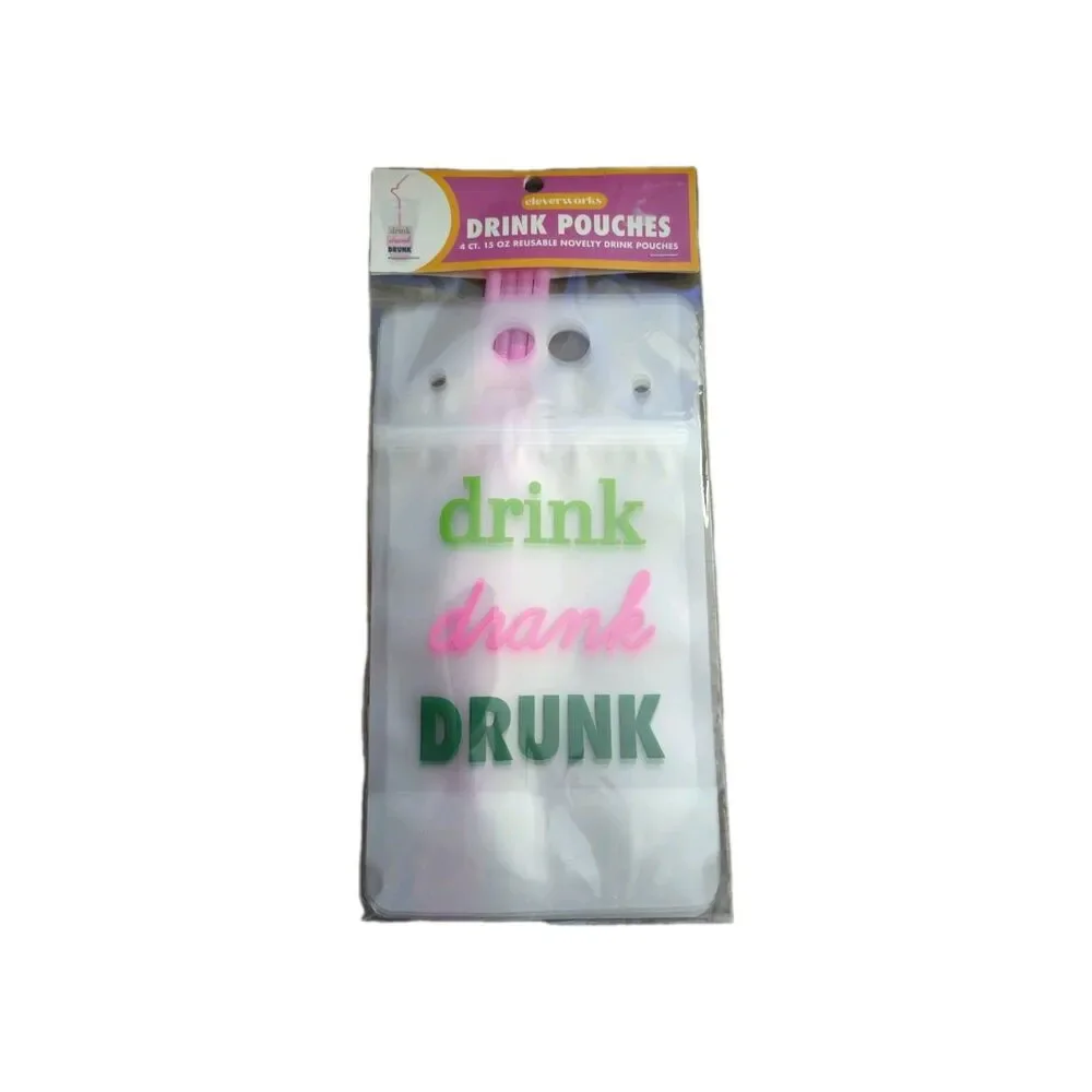 4 Pcs Drink Pouches For Adults Plastic Flask Reusable Disposable Bags w/ Straws